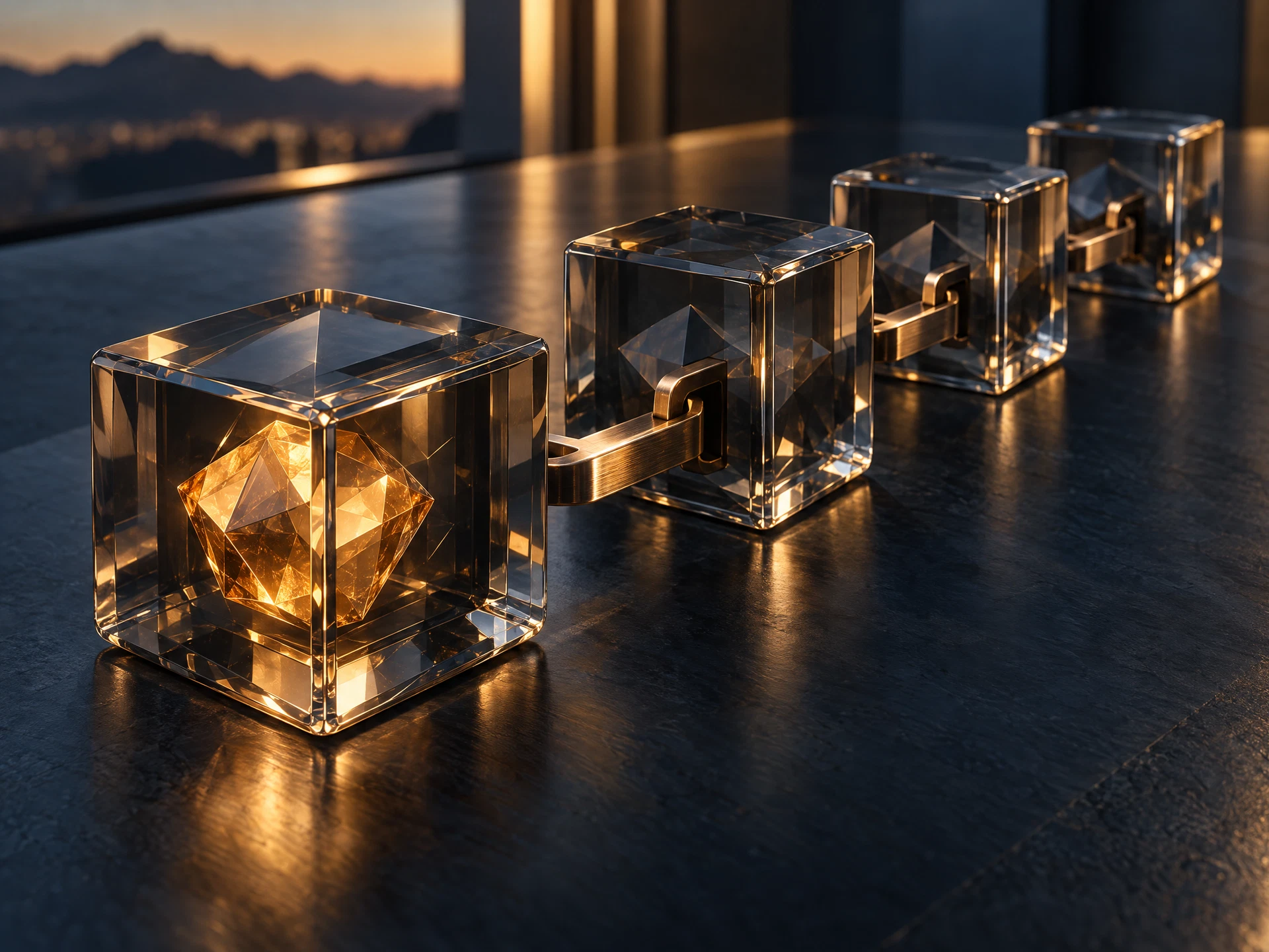 Linked glass ledger cubes representing integrity and secure digital custody